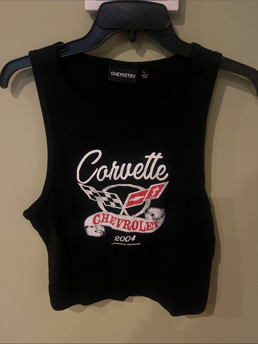 Chemistry Cropped Y2K-era Black Vintage Corvette Chevrolet Graphic Tank. Size L.